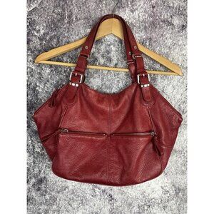 Anne Klein Red Genuine Soft Pebbled Leather Satchel Silver accents Zip Handbag